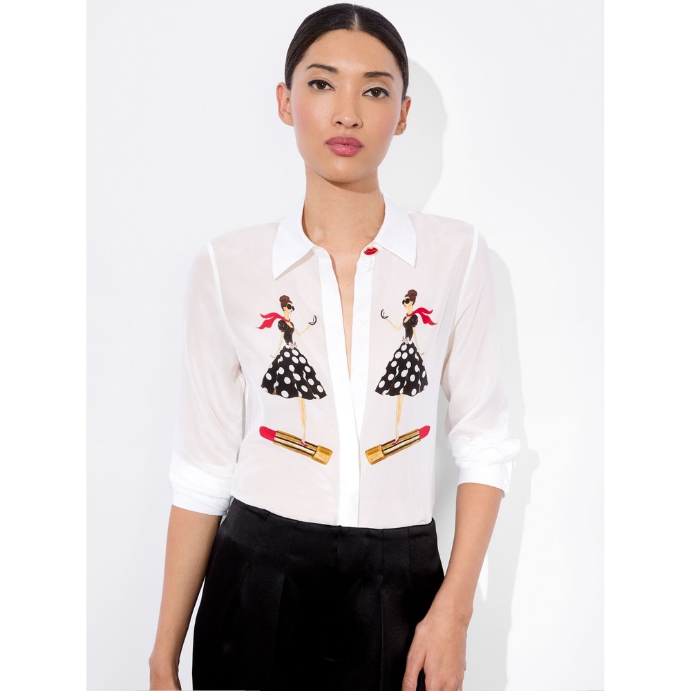 Alice + Olivia Willa Graphic Silk Blouse White Red Lip Button M Luxury Euro Chic